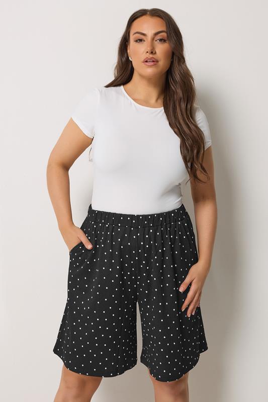 YOURS Curve Black Polka Dot Jersey Crinkle Shorts