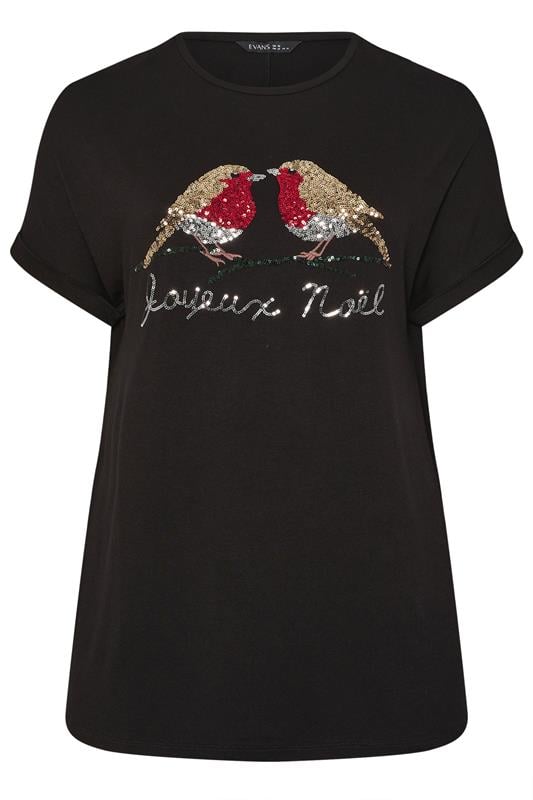 EVANS Plus Size Black Sequin Robin Christmas T-Shirt | Evans 5