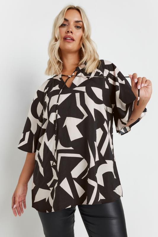 YOURS Plus Size Black Abstract Print Tie Neck Blouse | Yours Clothing  1