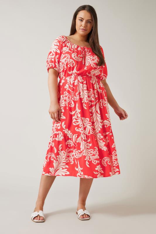 EVANS Plus Size Red Abstract Print Tiered Midi Dress Evans