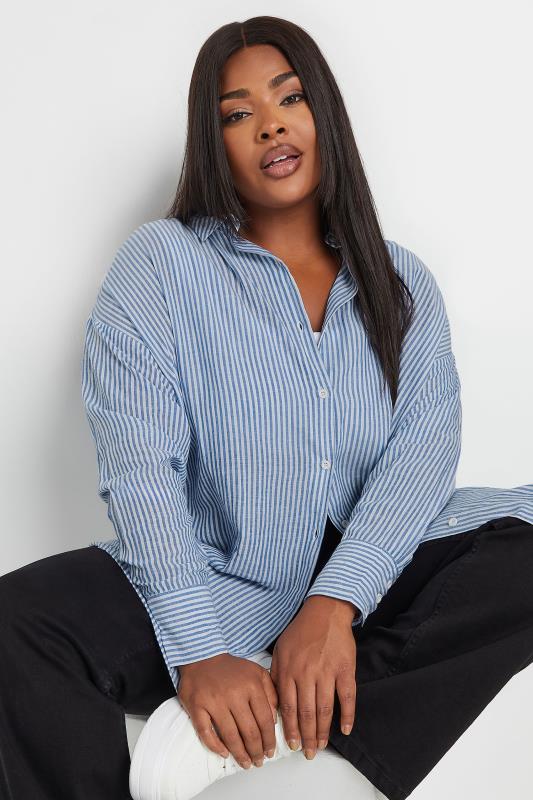 YOURS Plus Size Blue Pinstripe Linen Shirt | Yours Clothing  6