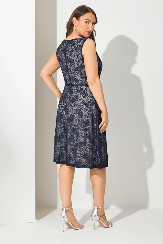 YOURS LONDON Plus Size Blue Zip Front Lace Skater Dress | Yours Clothing 2