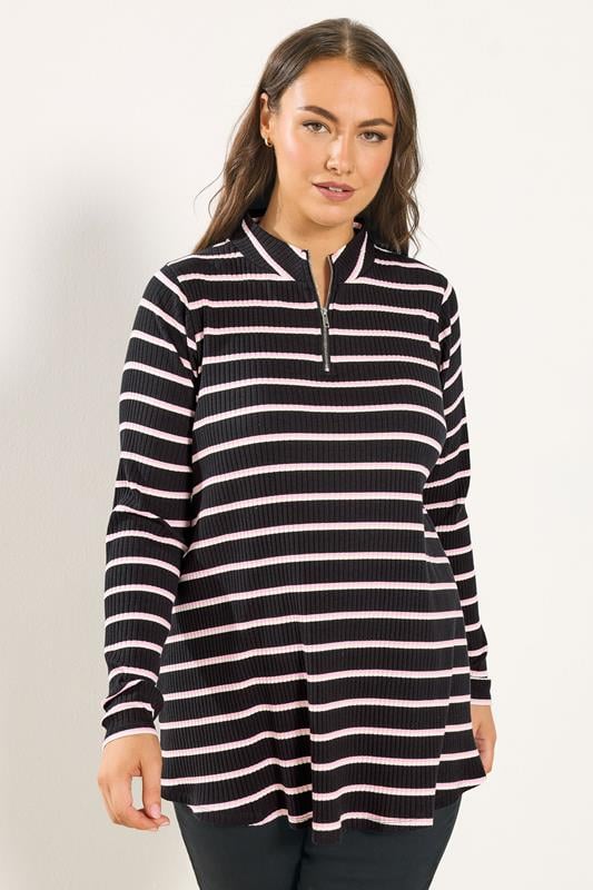 YOURS Curve Black & Pink Stripe Zip Neck Top