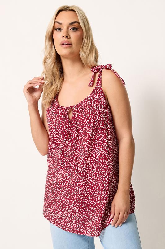 YOURS Plus Size Red Ditsy Floral Strappy Vest Top | Yours Clothing 1