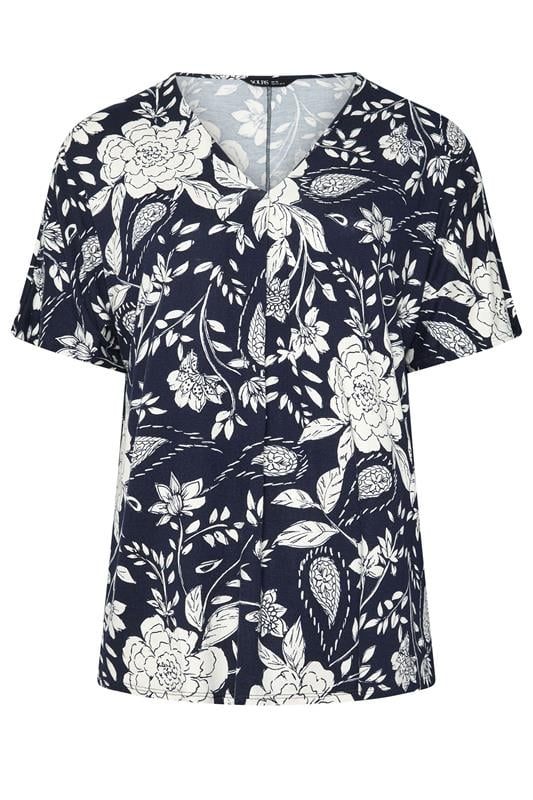 YOURS Plus Size Navy Blue Floral Print Pleat Front Top | Yours Clothing 5