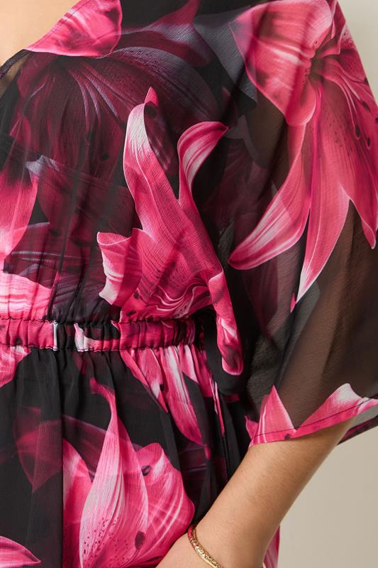 YOURS Plus Size Black & Pink Mesh Flower Print Beach Kaftan | Yours Clothing 4