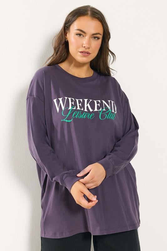 Plus Size  YOURS Curve Purple 'Weekend Leisure Club' Long Sleeve T-Shirt