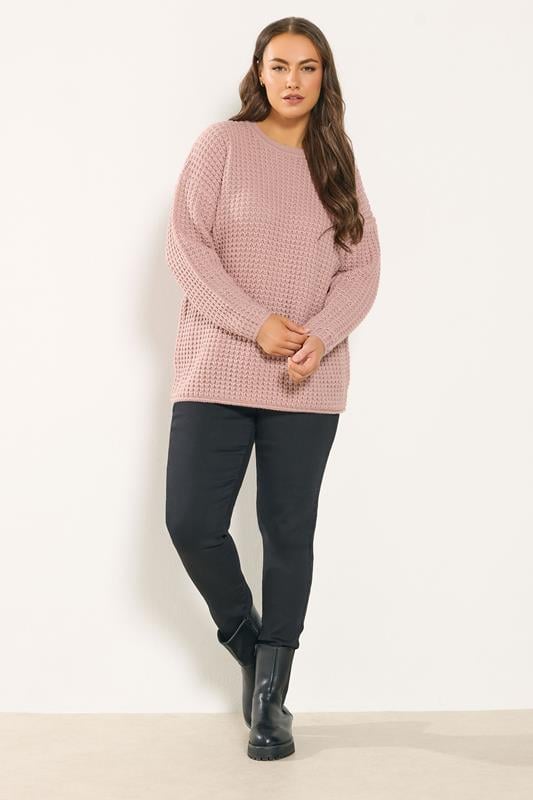 YOURS Plus Size Light Pink Waffle Knit Jumper | Yours Clothing 2