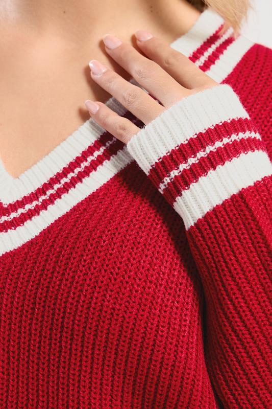 YOURS Plus Size Red Contrast V-Neck Knitted Jumper | Yours Clothing 4