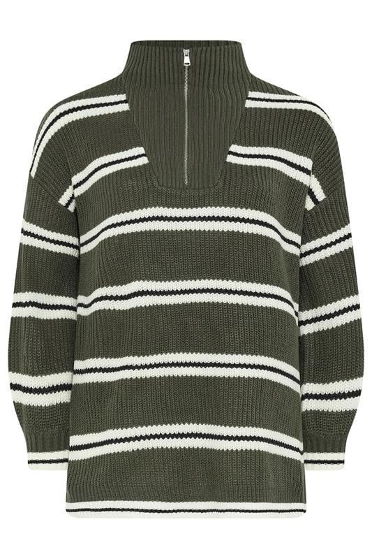 YOURS Plus Size Khaki Green Stripe Quarter Zip Jumper 5