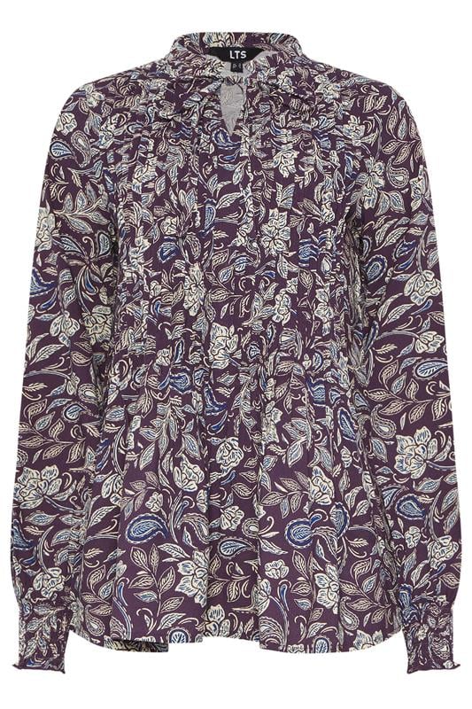 LTS Tall Purple Floral Tie Neck Pintuck Blouse | Long Tall Sally 5