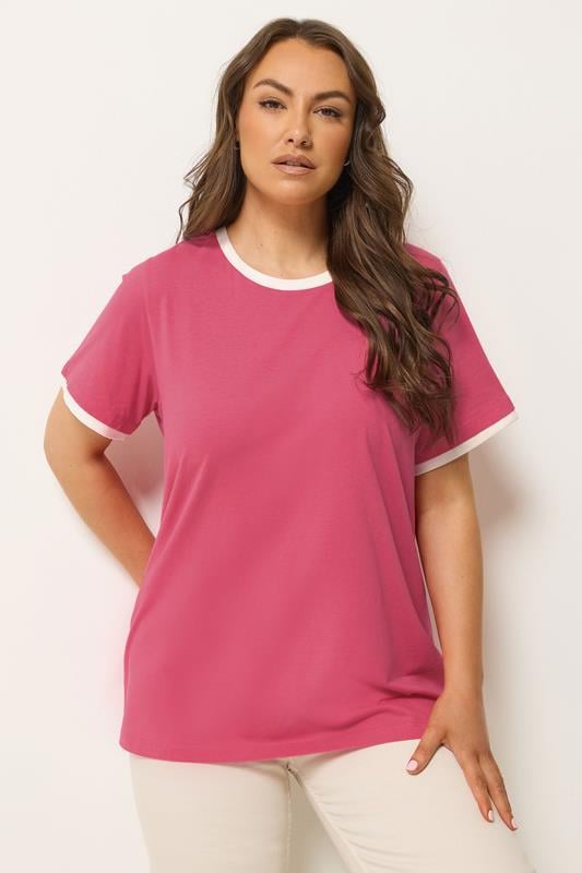 YOURS Plus Size Pink Contrast Trim T-Shirt | Yours Clothing 1