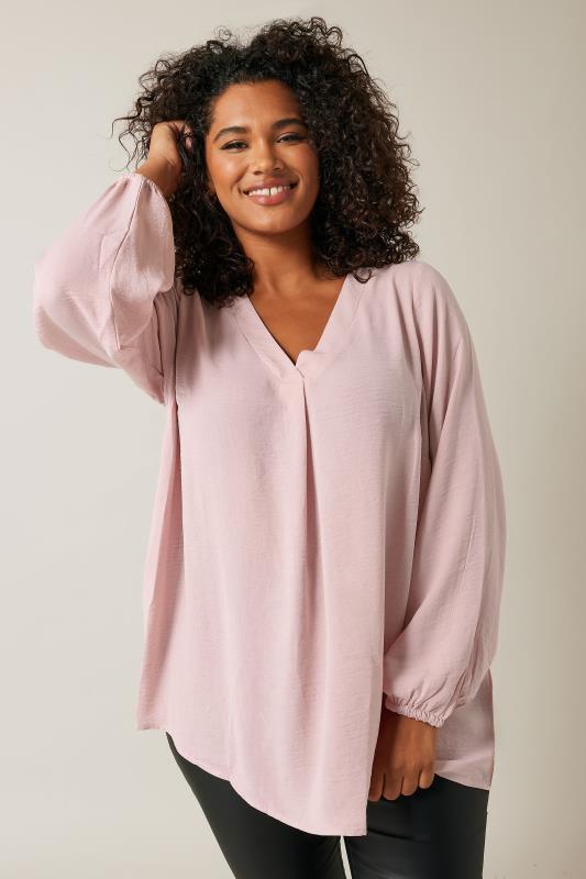 EVANS Plus Size Pink Pleat Front Long Sleeve Blouse | Evans 1