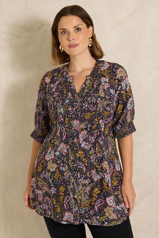  EVANS Curve Black Paisley Pintuck Blouse