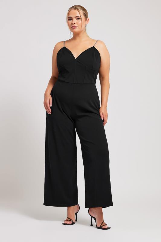 YOURS LONDON Plus Size Black Diamante Corset Jumpsuit | Yours Clothing 1