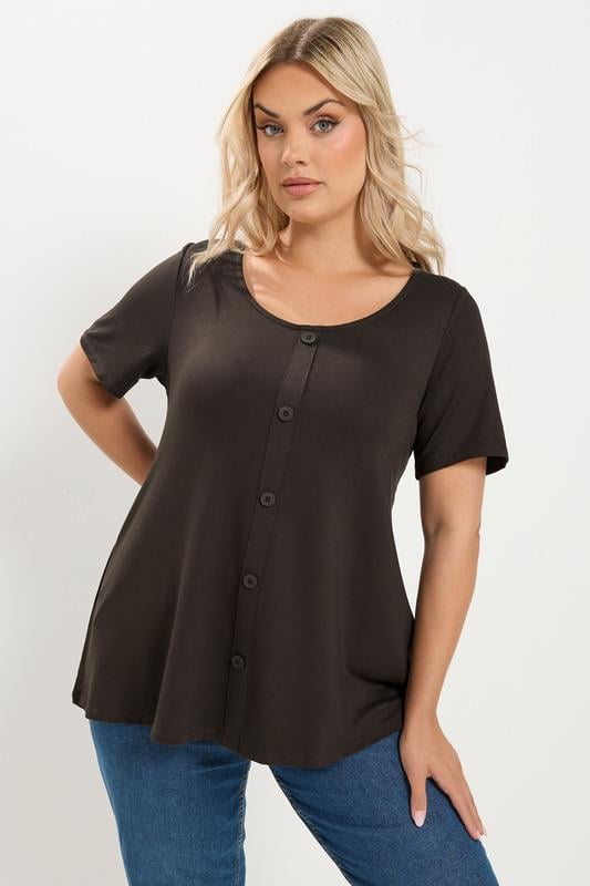 YOURS Plus Size Chocolate Brown Button Front Top | Yours Clothing 1