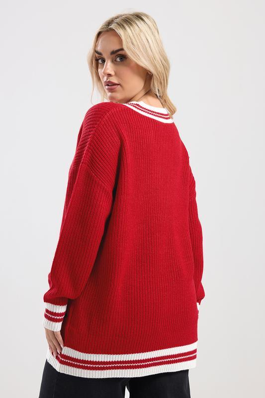 YOURS Plus Size Red Contrast V-Neck Knitted Jumper | Yours Clothing 2