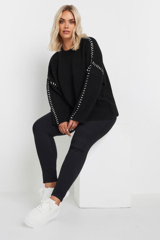 YOURS Plus Size Black Contrast Blanket Stitch Jumper | Yours Clothing 3