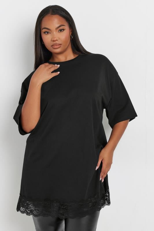 YOURS Plus Size Black Lace Hem Oversized T-Shirt Dress | Yours Clothing 4