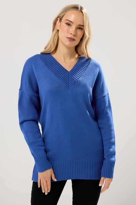 LTS Tall Cobalt Blue Knitted V-Neck Jumper