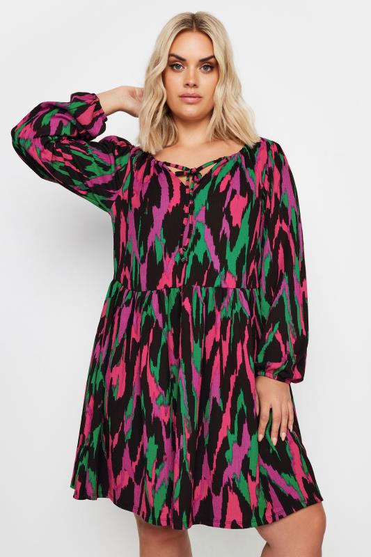 YOURS Plus Size Black Abstract Print Textured Tie Neck Dress | Yours Clothing 1