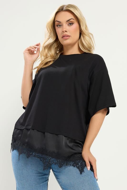  YOURS Curve Black Satin Lace Trim T-Shirt