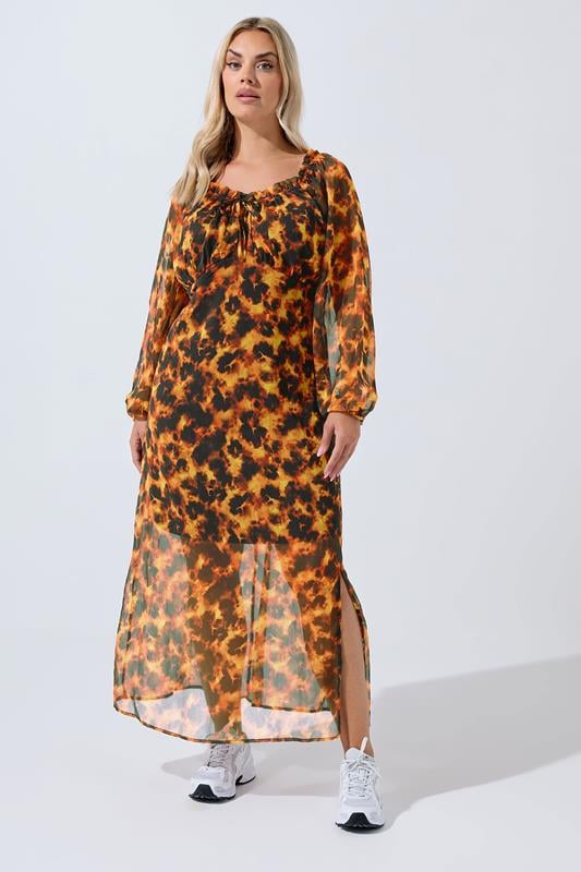  LIMITED COLLECTION Curve Brown Tortoise Shell Ruffle Maxi Dress