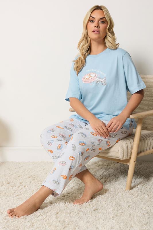  YOURS Curve Blue 'Currently Cat Napping' Slogan Wide Leg Pyjama Set