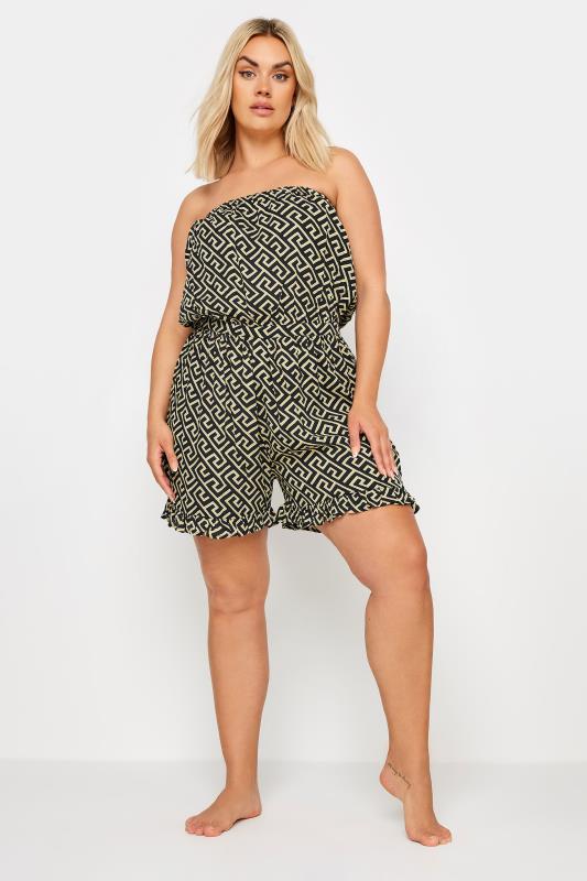 YOURS Plus Size Black Geometric Print Bandeau Playsuit | Yours Clothing 3