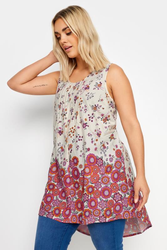 YOURS Plus Size Cream Floral Print Dipped Hem Pleated Vest | Yours Clothing 1