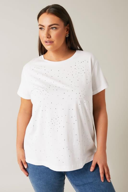 EVANS Curve White Stud Embellished Pure Cotton T-Shirt 1