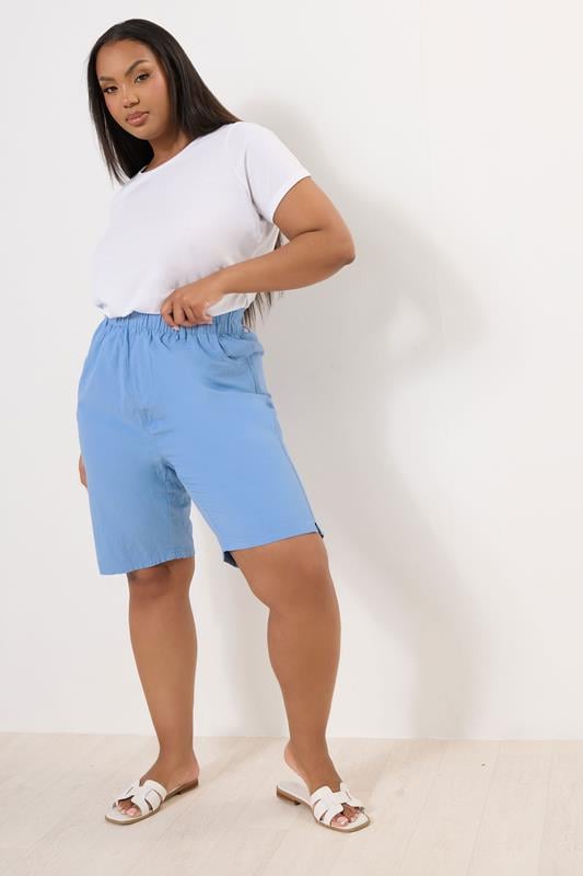 YOURS Plus Size Light Blue Elasticated Cool Cotton Shorts | Yours Clothing 2
