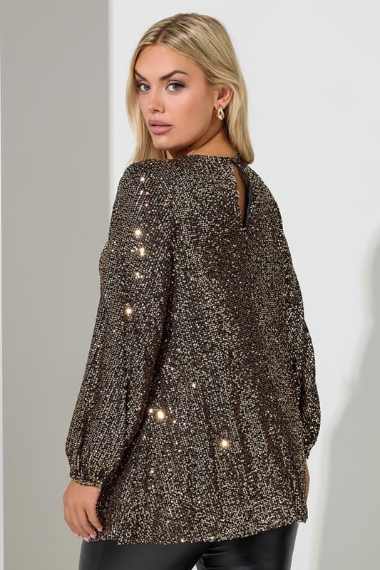 YOURS LONDON Plus Size Gold Sequin Keyhole Top | Yours Clothing 2