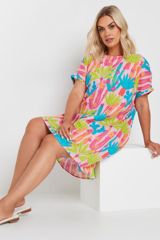 YOURS Plus Size Pink Cactus Print Tunic Dress | Yours Clothing 1