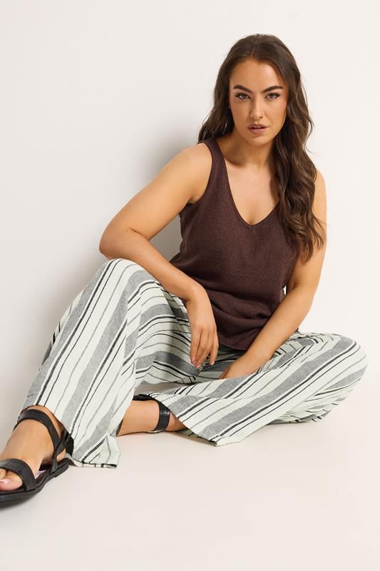 YOURS Plus Size Natural Brown Stripe Linen Look Trousers | Yours Clothing 2