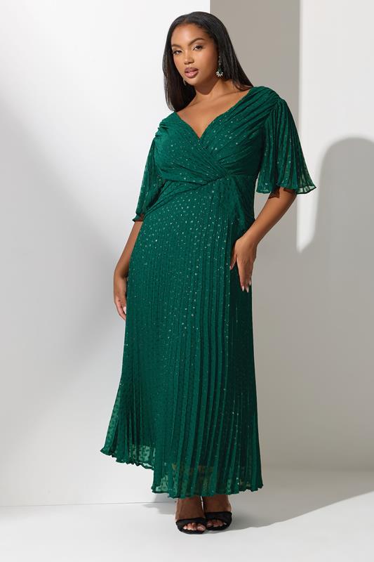 YOURS LONDON Plus Size Green Metallic Dobby Pleated Wrap Dress | Yours Clothing 1