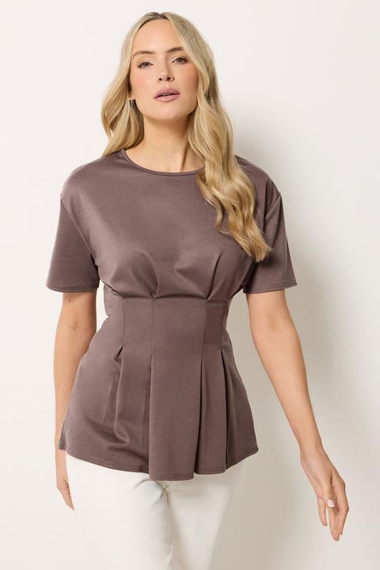 LTS Tall Mocha Brown Pleated Detail Top