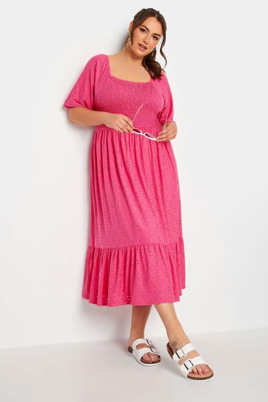 YOURS Plus Size Pink Shirred Broderie Anglaise Midaxi Dress | Yours Clothing 1