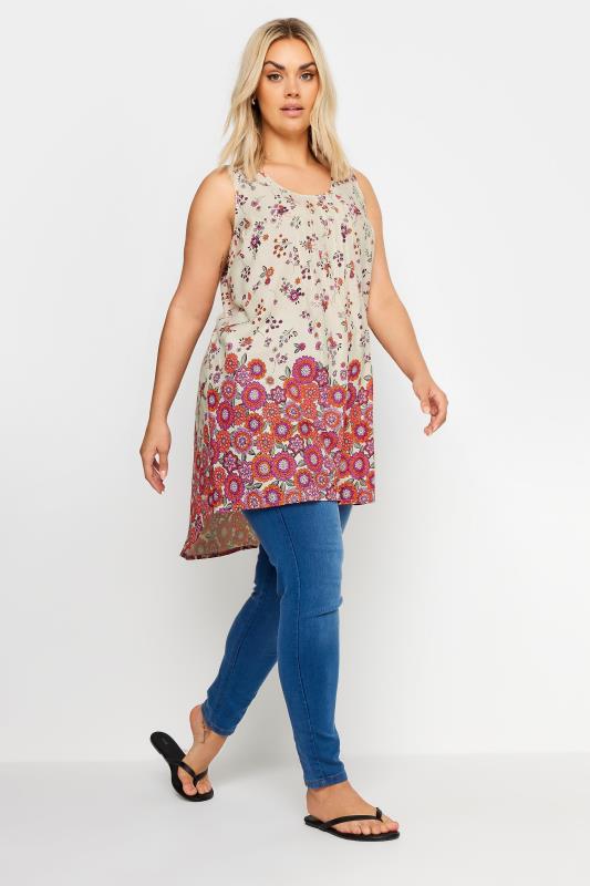 YOURS Plus Size Cream Floral Print Dipped Hem Pleated Vest | Yours Clothing 2