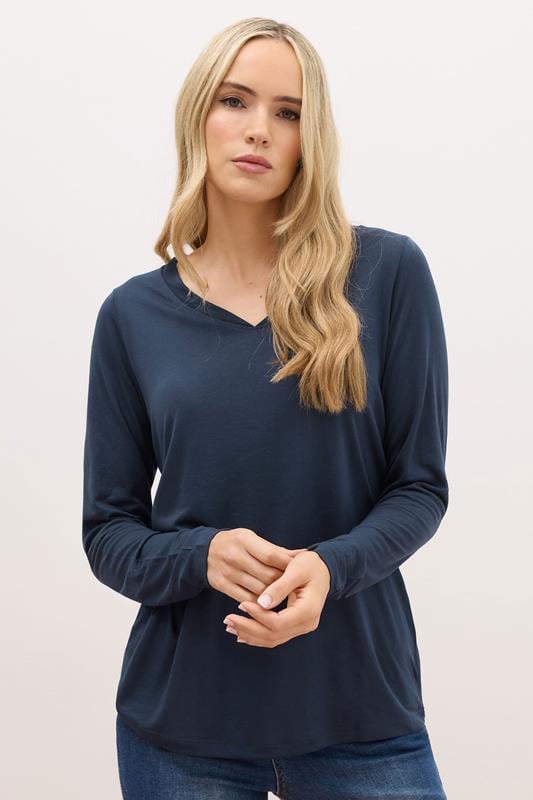 LTS PREMIUM Tall Navy Blue Long Sleeve V-Neck Modal Top