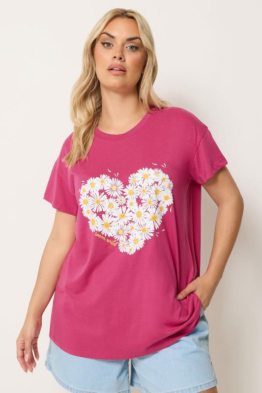 YOURS Plus Size Dark Pink Daisy Heart Print T-Shirt | Yours Clothing 1
