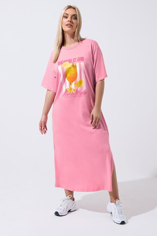 LIMITED COLLECTION Plus Size Pink 'Beach Club' Slogan Maxi Dress | Yours Clothing 1