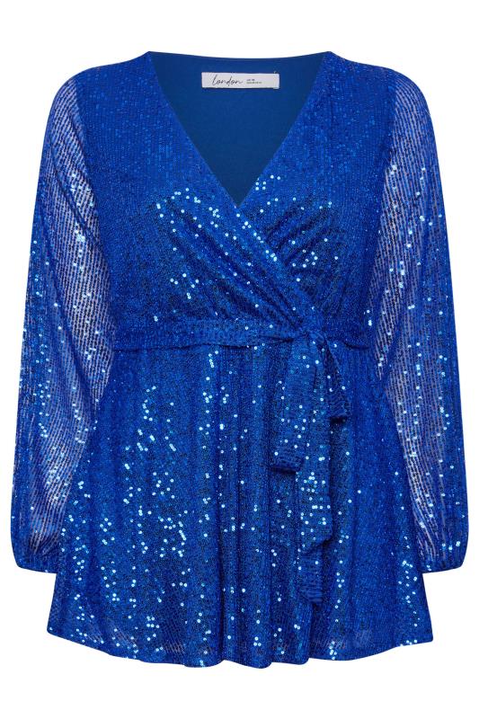 YOURS LONDON Plus Size Blue Sequin Wrap Top | Yours Clothing 6