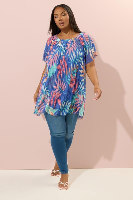 YOURS Plus Size Blue Leaf Print Pleated Mesh Top | Yours Clothing 1