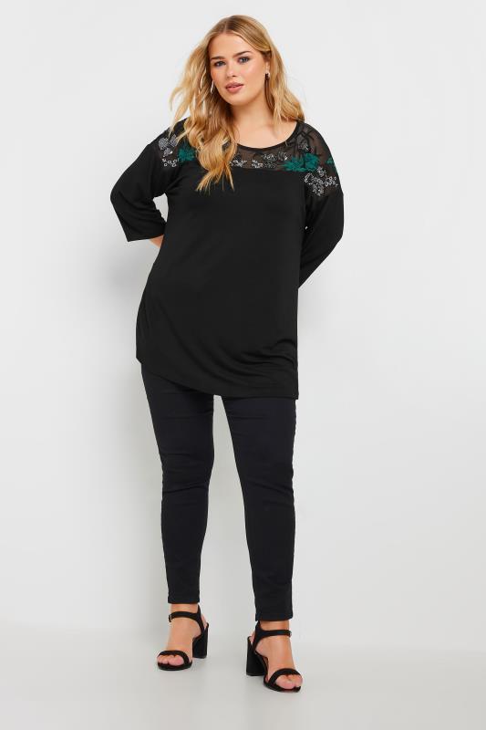 YOURS Plus Size Black & Green Mesh Embellished Swing Top | Yours Clothing  3