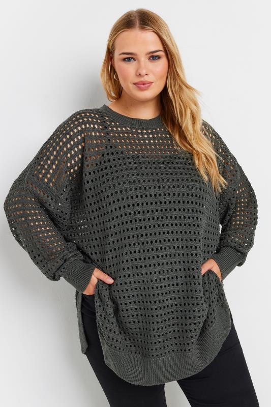 YOURS Plus Size Slate Grey Side Split Crochet Jumper | Yours Clothing 1