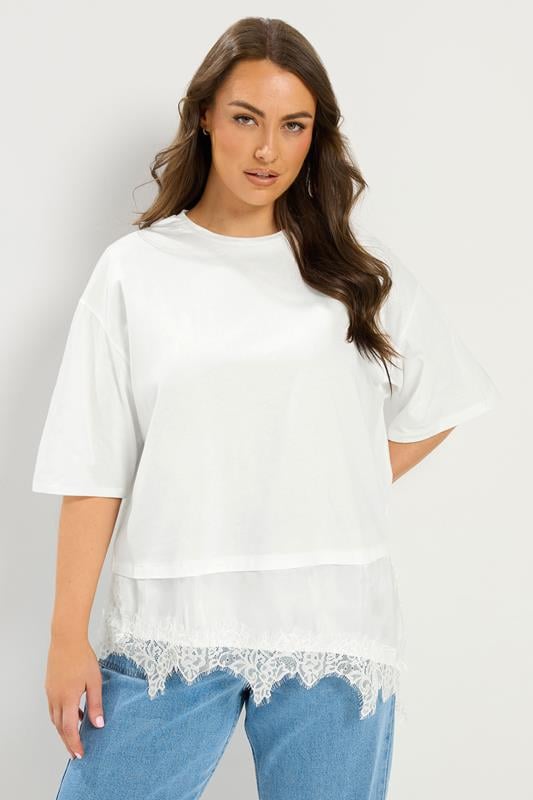  YOURS Curve White Satin Lace Trim T-Shirt