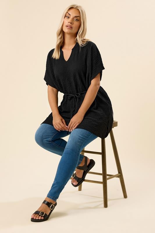 YOURS Plus Size Black Belted Textured Tunic Top | Yours Clothing 1