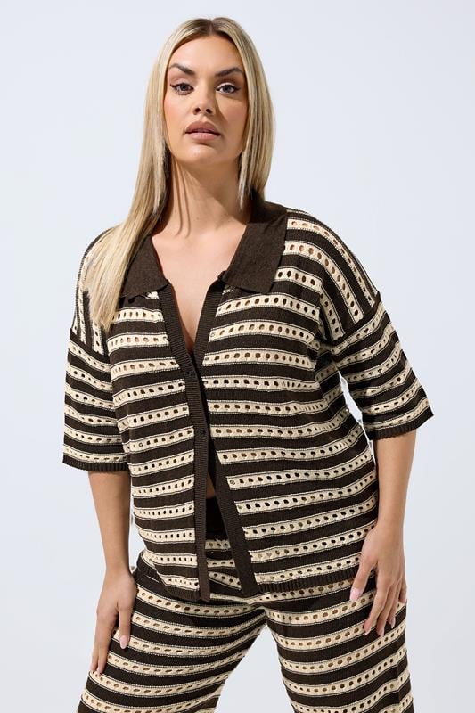 LIMITED COLLECTION Curve Chocolate Brown Stripe Crochet Shirt
