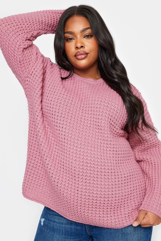 Plus Size  YOURS Curve Pink Waffle Knit Jumper